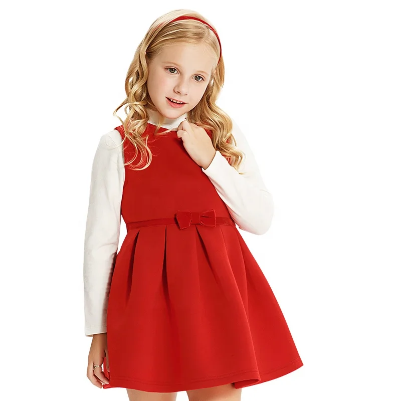 
2021 elegant red sleeveless thick new year bow girls dress for autumn, winter 