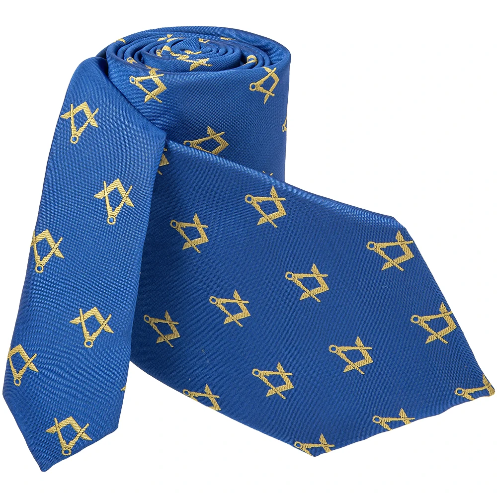 Blue and Yellow Square & Compass Design Masonic Logo Necktie Microfiber Polyester Woven with Jacquard Pattern