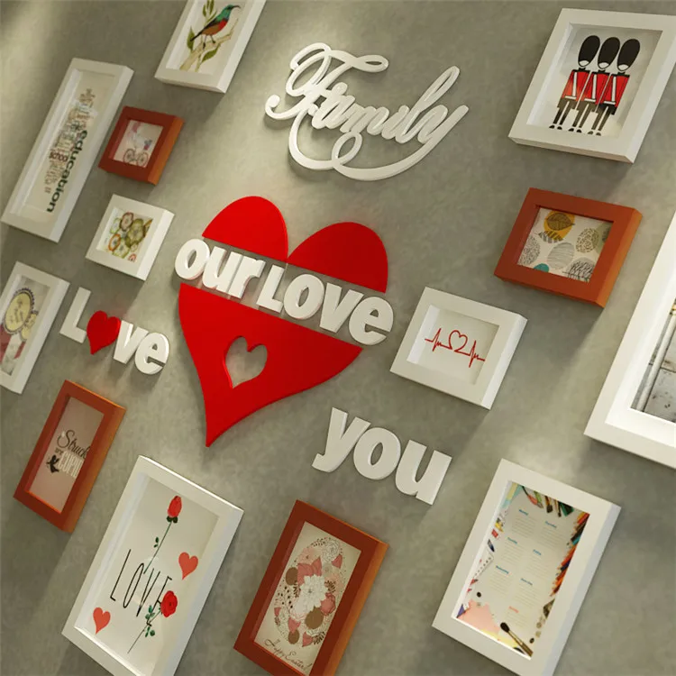 Item 2607 Family Love Home Picture Wood Wall Art 16 Pieces Creative Solid Wood Picture Wall Frame Decoration Sets