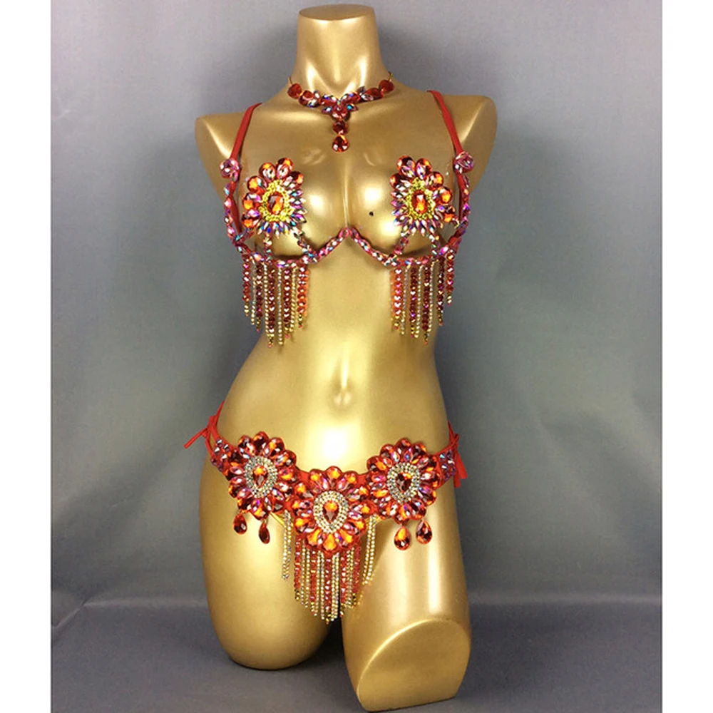 Sexy Women Belly Dance Samba Carnival  outfit  Women Wire Bra & Belt stones Stage show women singer bikini costume