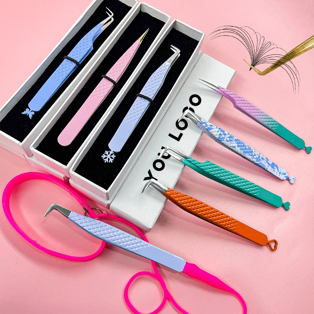 Stainless Steel Eyelash Tweezers Diamond Grip Eyelash Tweezers Pink Box Packing Private Label Fiber Tip Volume Lash Tweezers