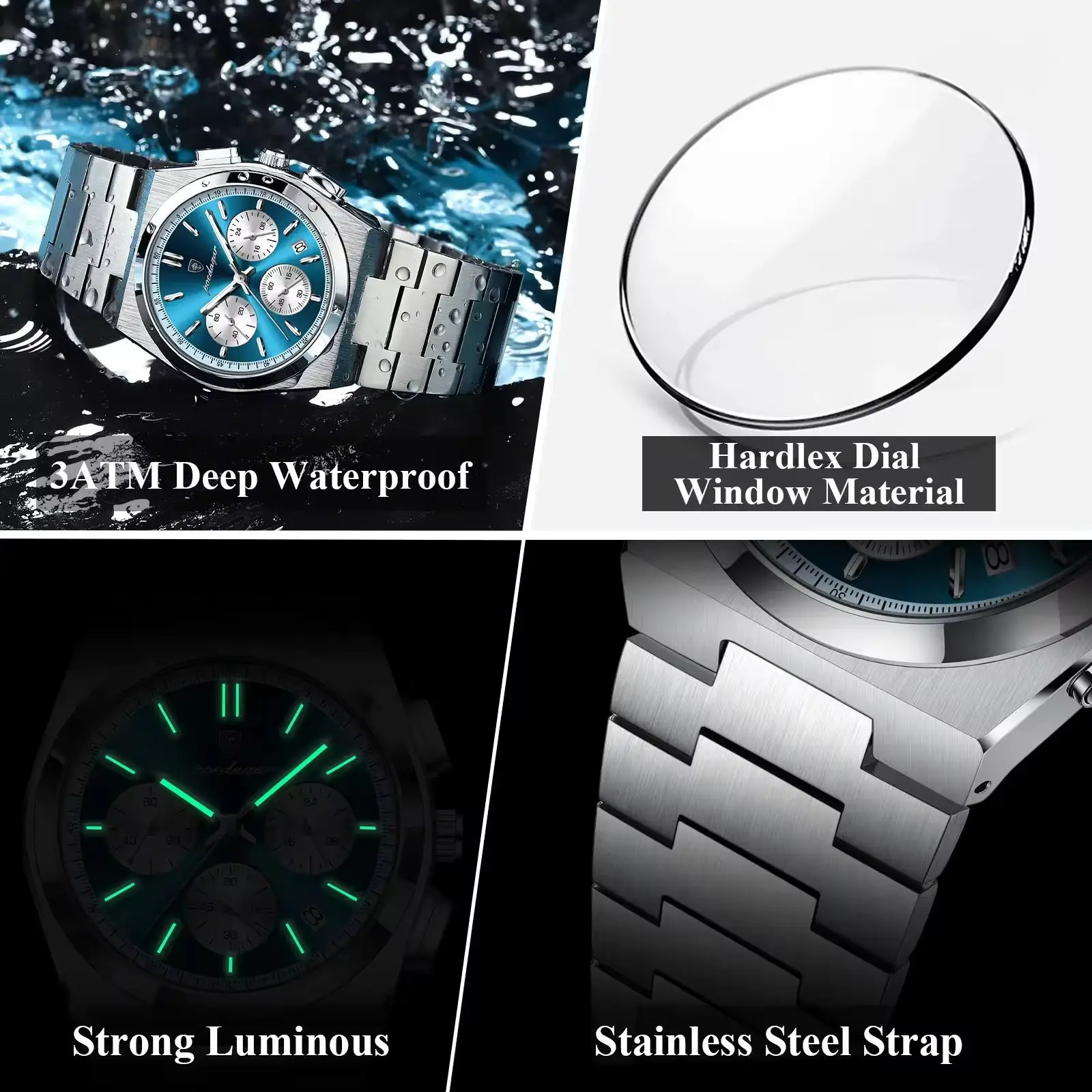 POEDAGAR 970 3 Small Dials Working Quartz Watches Waterproof Luminous Stainless Steel Band Chronograph Men Wristwatches