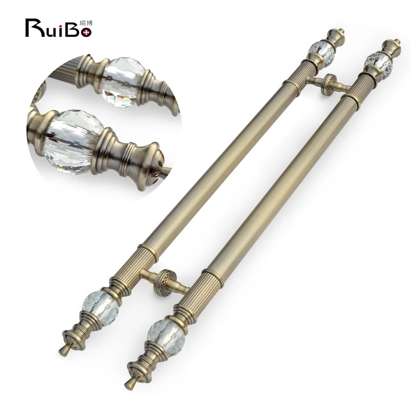 Deluxe crystal antique brass hotel club door glass door handle rimless door frame customized long handle