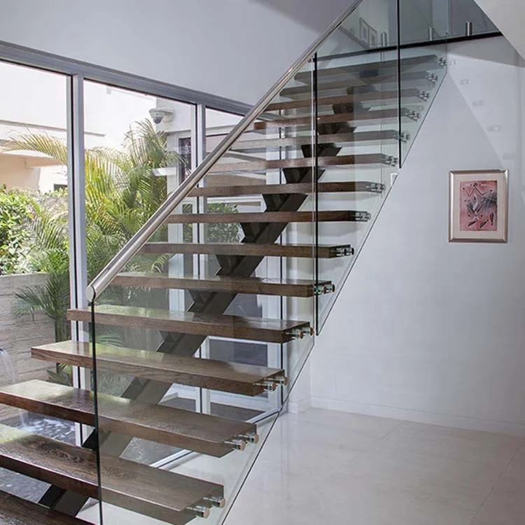 New design glass railing floating staircase indoor&outdoor straight wood stairs