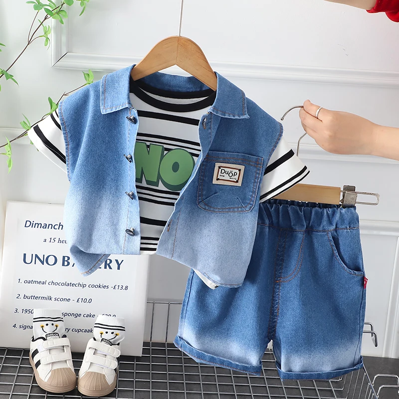 2023 Summer Baby Boys Clothes Sets Short Sleeve Print T Shirt Denim Jacket Pants 3 Pieces Fashion Toddler Outfits Kids Clothing