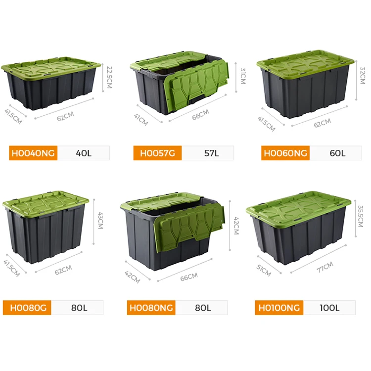 Customized 60l Stackable Plastic Heavy Duty Box with Green Lid
