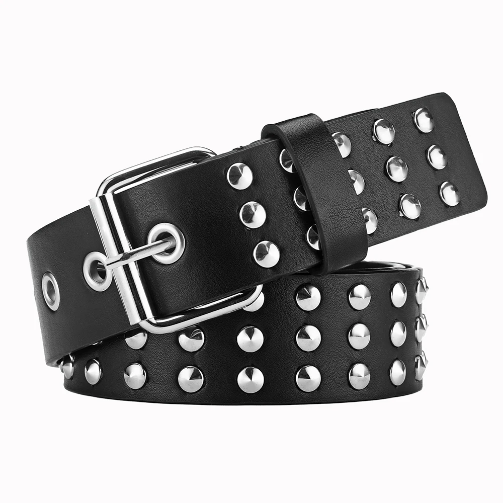 Europe Style Punk Leather Studded Three Lines Round Beads Rivet Belts PU Leather Pin Buckle Belt For Jeans