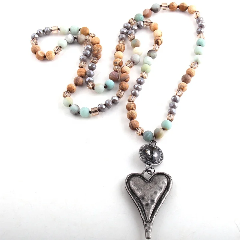 Women 8mm Long Knotted Round Crystal Natural Stone African Turquoise Necklace Big Metal heart Pendant Necklace