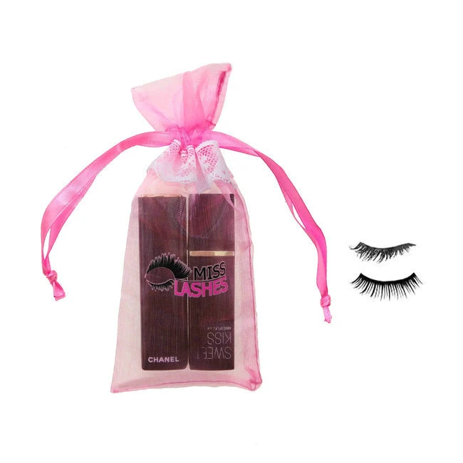 custom organza fabric cosmetic lashes pink bag with white lace