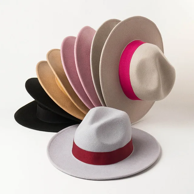 Womens Classic Wide Brim Floppy Panama Hat Belt Buckle Wool Fedora Hats