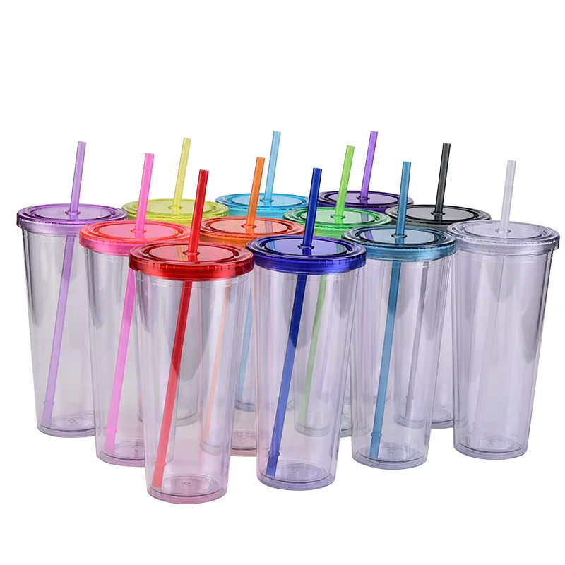 Custom Double wall clear Acrylic plastic cup 16oz 24oz Tumbler beverage cup with Straw and lid for vinyl