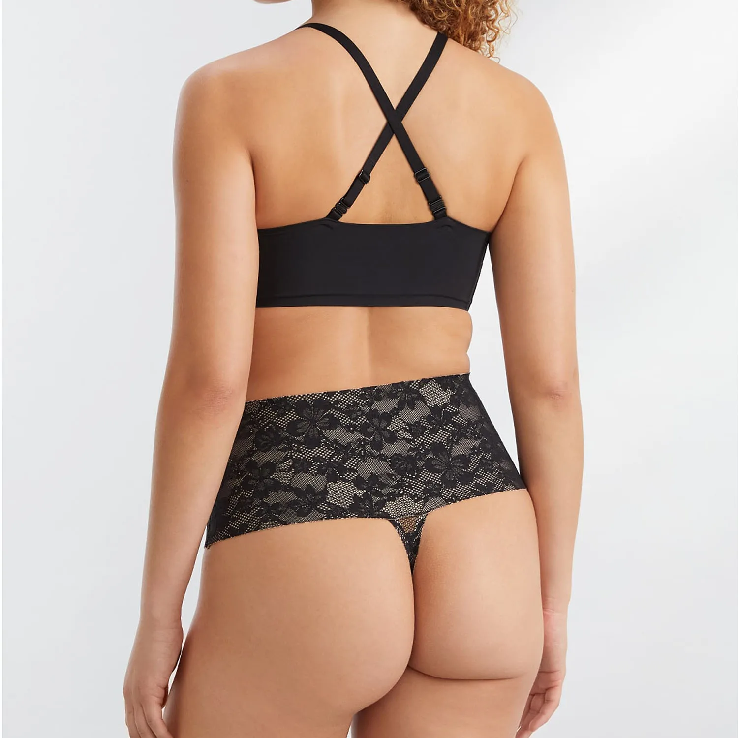 High-rise shaping waistband with patterned lace Thong Raw cut edges on waistband and leg openings Bra and Panty Set
