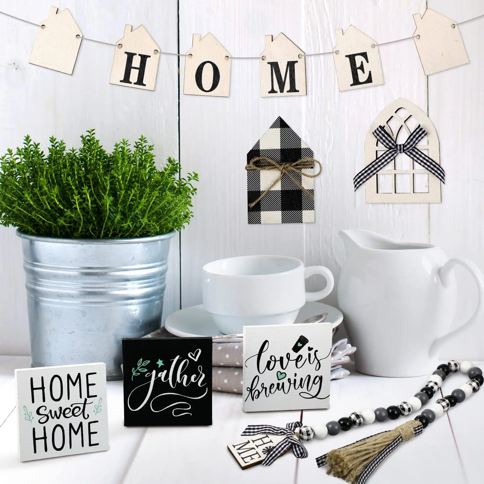 Farmhouse Tiered Tray Decor Rustic Wooden Home Blessed Mini Signs Wood Bead Garland with Tassel Mount Window Frames for Kitchen