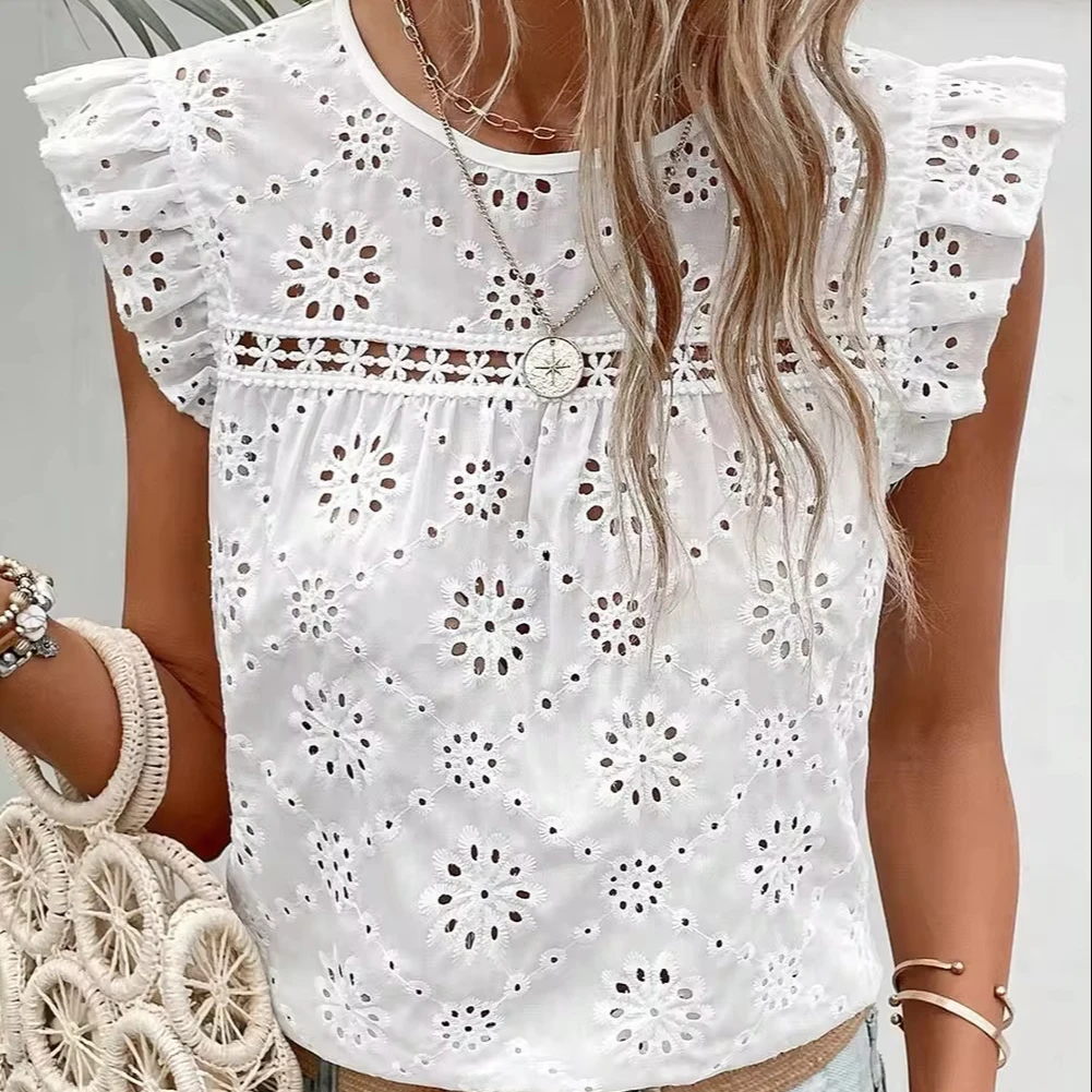 2024 Wholesale Chic Clothes Customized Women Summer White Eyelet Embroidered Ruffled Flutter Sleeve Blouse