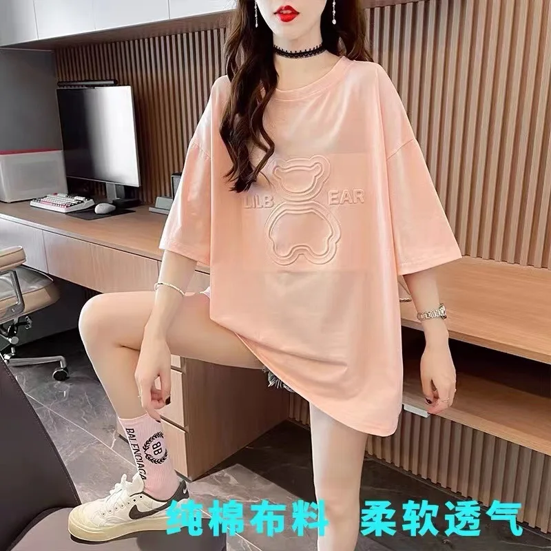 Casual Pure Cotton T-shirt Design, Short Sleeved Loose Large Size Women Long Printed T-shirt Knitted Short Shirts for Women