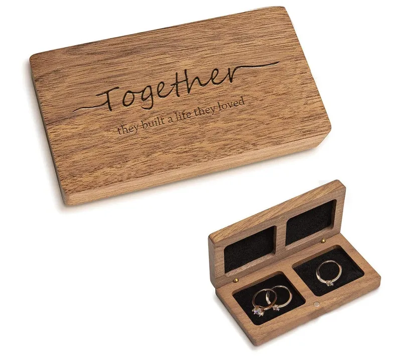 High Quality 	Wood Engraved Wooden Ring Holder Proposal Wedding Ceremony Ring Bearer Box Double Door Ring Boxes