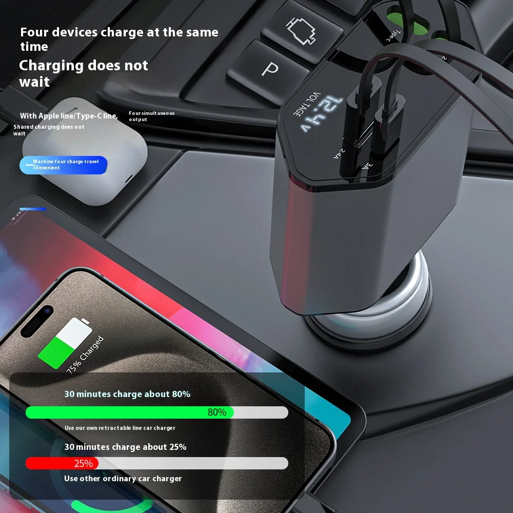 180 Adjustable  4 In 1 Dual Usb C Retractable Car Charger 2 Port Type C Pd Car Charging Station For Laptop Smart Watch Earphones