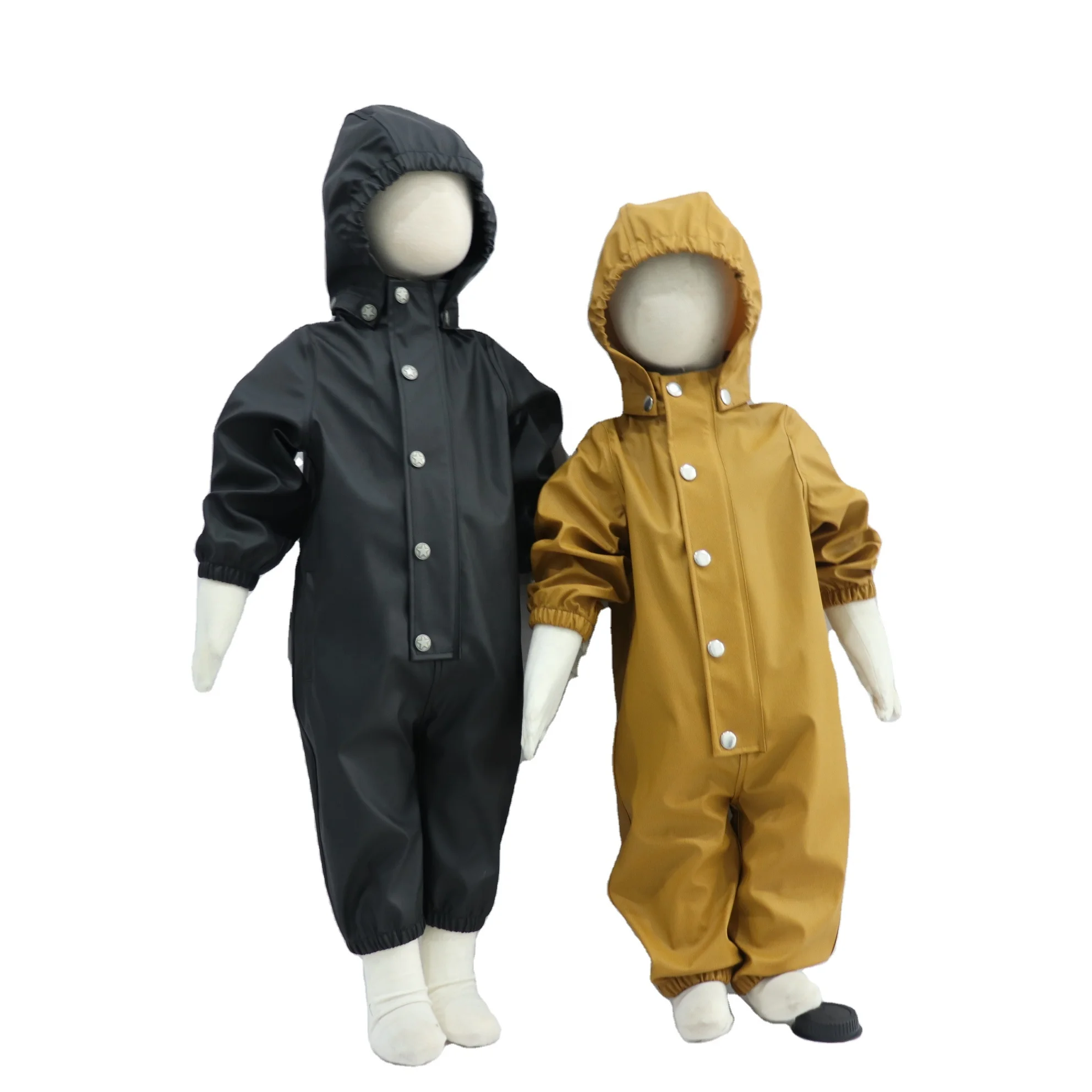 Amazon hot selling OEM custom logo yellow universal  unisex kids OEKO-TEX100 ECO one-piece pu raincoat allcover romper  rainsuit