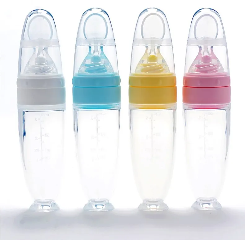 Wholesale Baby Product Baby Cereal Feeding Spoon Silicone Squeeze Baby Feeder Bottle With Spoon And Suction