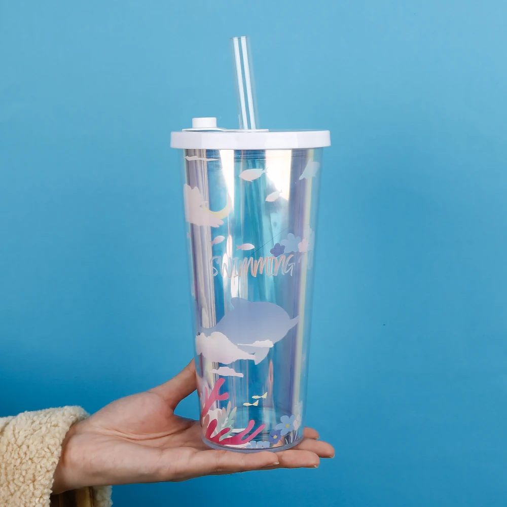 Hot Sale Hologram Double Wall Acrylic Tea Cups With Lid and Straw, Eco friendly 700ML Wide Mouth Boba Tea Cups