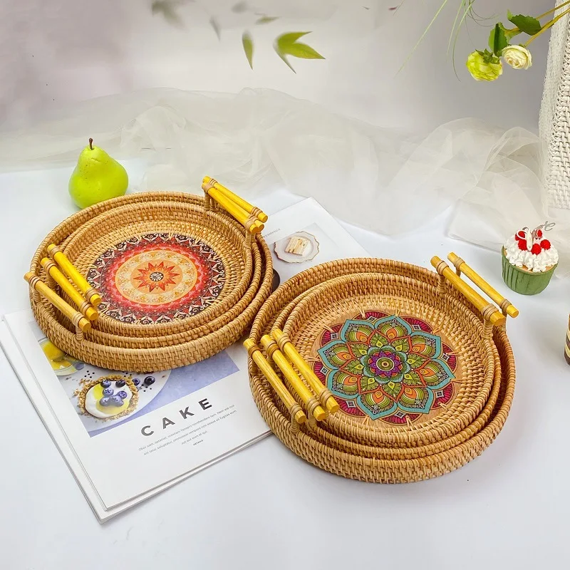 Serving Coffee Table Decorative Basket Colorful Vietnam Vintage New Design Rattan Woven Round Tray
