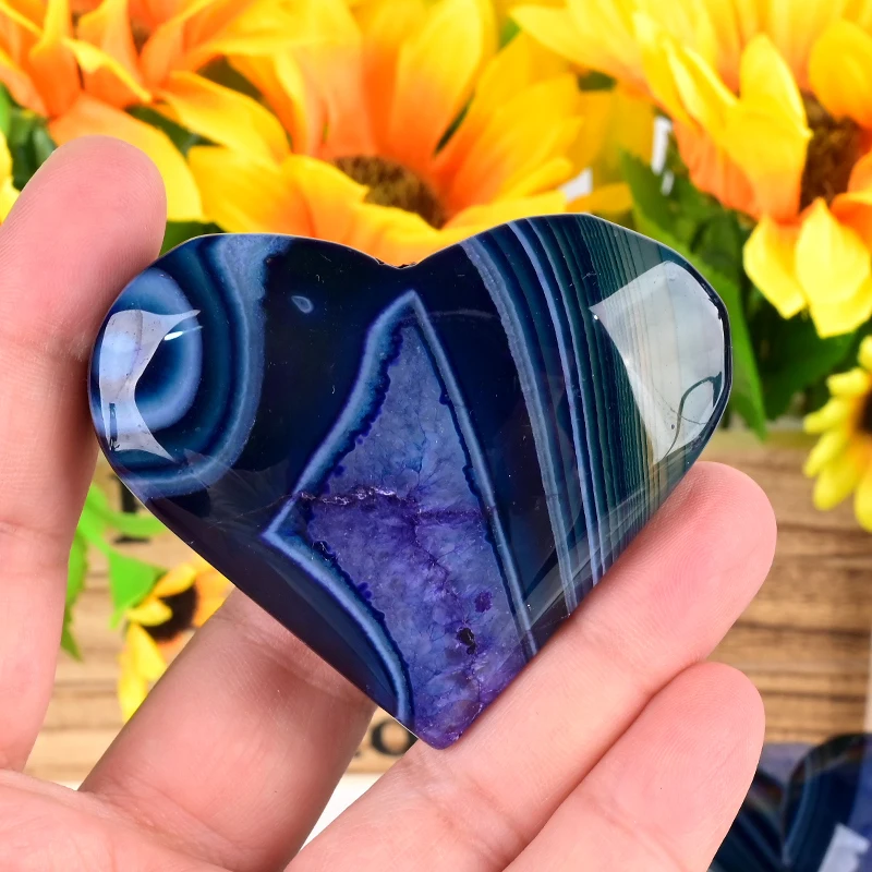 Hand Carved Natural Crystal Heart Palm Stone Purple Lace Agate With Druzy Heart For Healing