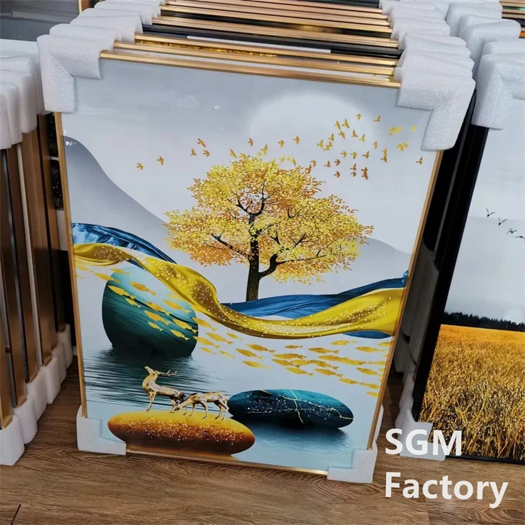 Customized Decorative 3d 5d   Art Pictures aluminum frame large round wall hanging with led light painting for sale