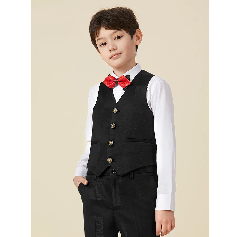 Vintage Boys Clothing Blazer Vest Pants Double Breasted 2 Buttons Black Pattern Performance Boys Formal Suits Set