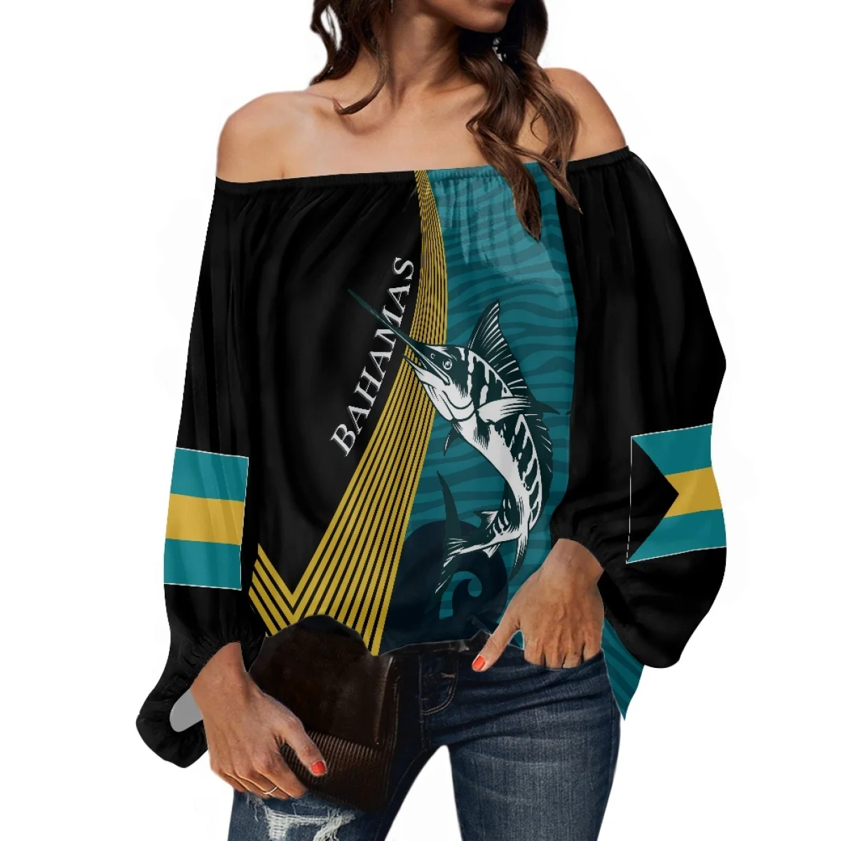 Bahamian Design Chiffon Loose Tops Off Shoulder Style Elegant Blouses OEM Manufacture Bahamas Long Sleeve Polyester Top Shirts