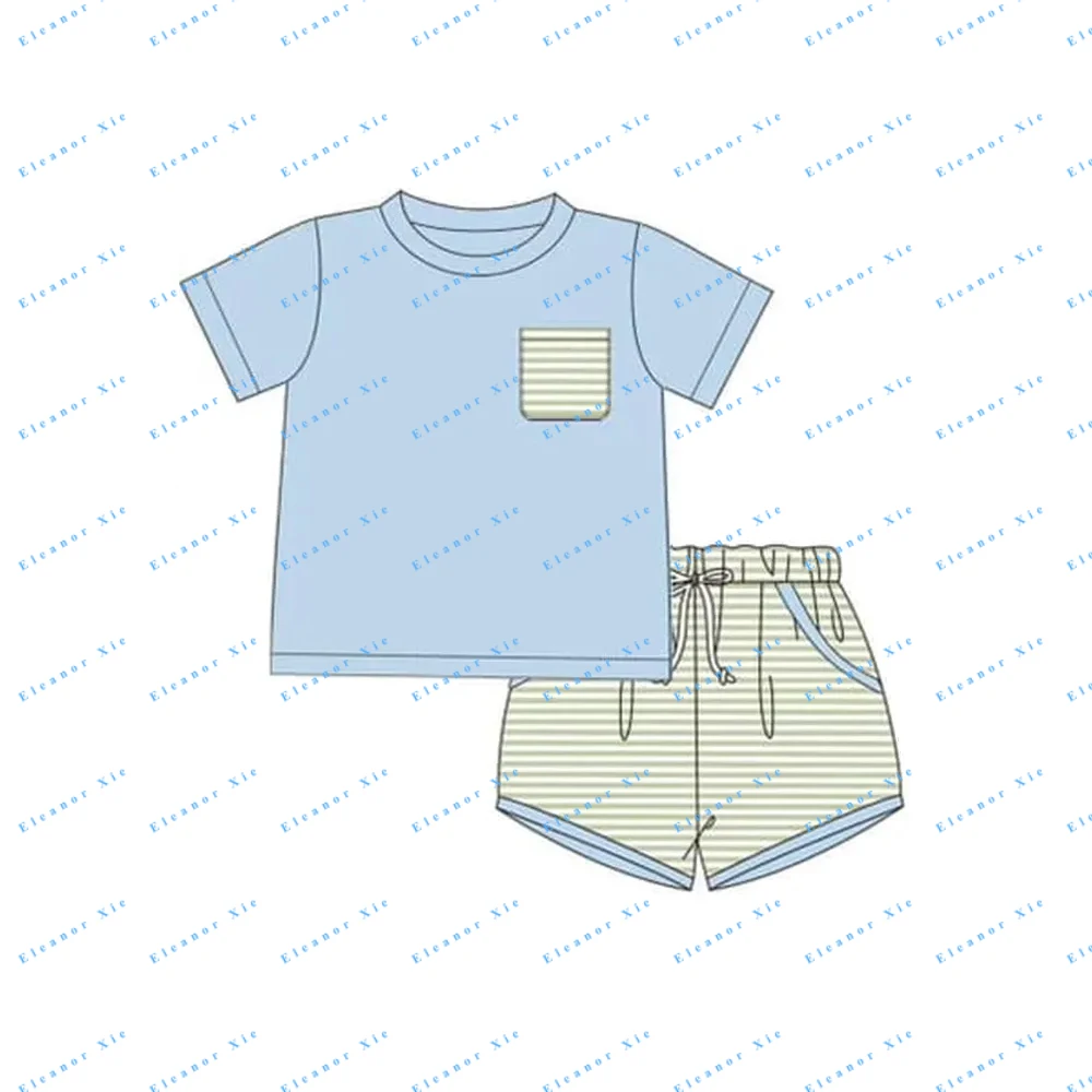 Summer custom label boy child clothes set wholesale 95%cotton knitted brothers matching toddler kids boys short sets