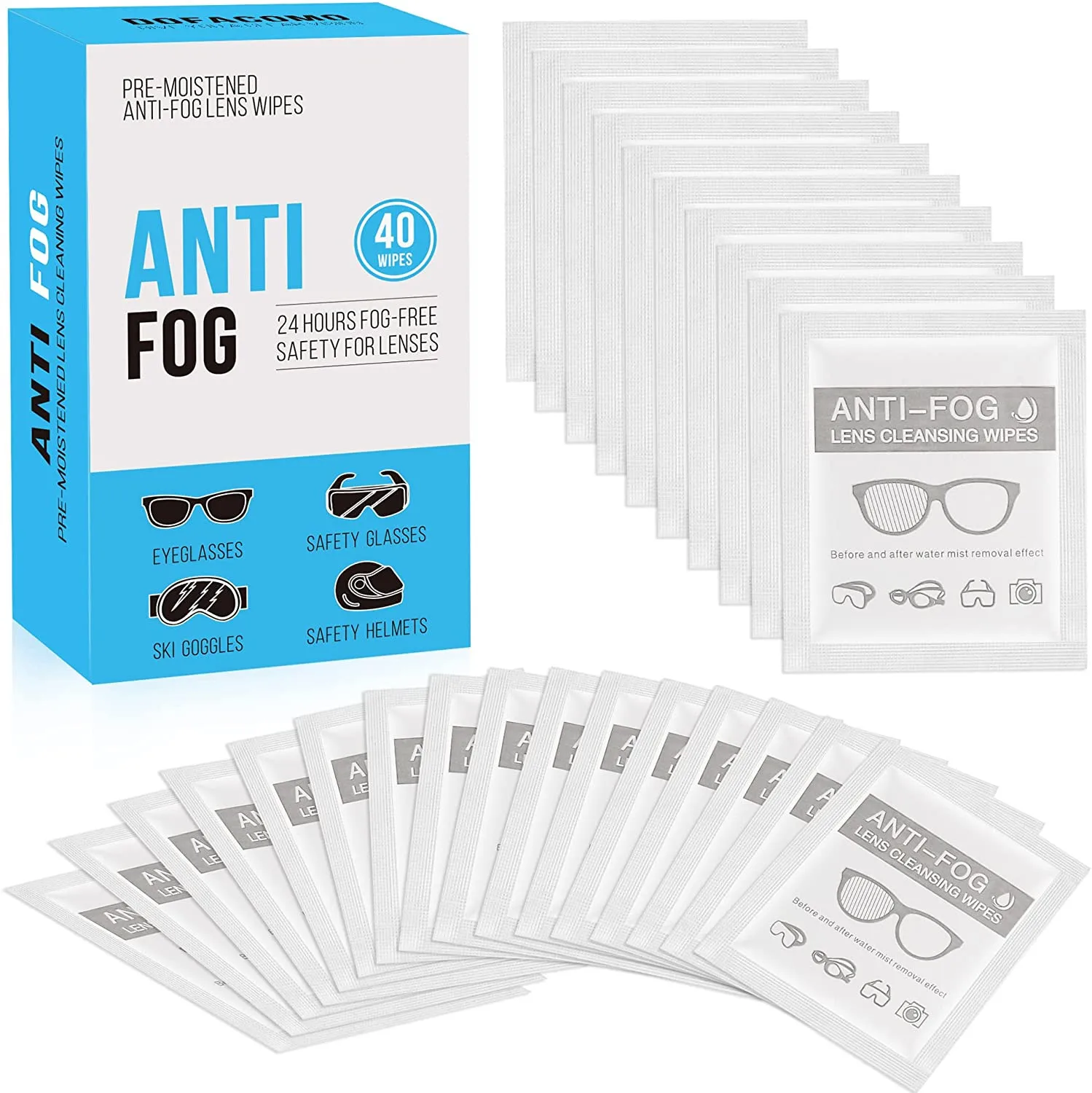 Anti Fog Wipe Pre moistened Wipes for Glasses, Binoculars, Face Shields, Ski Masks Fogging on Glass