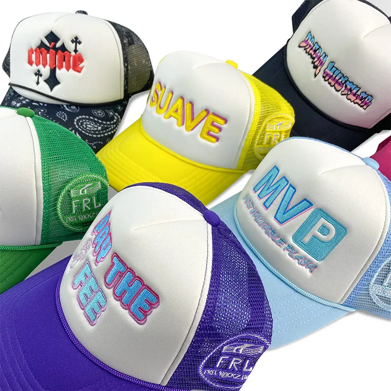 HN0001  5 panel high quality sports embroider printing logo custom cap mesh foam trucker hat with rope blank