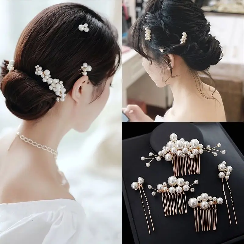 Hot Sell Handmade Pearls Hair Combs and Hairpins Set Bridal Pearls Hair Comb Wedding Hair Accessories 5pcs Per Set