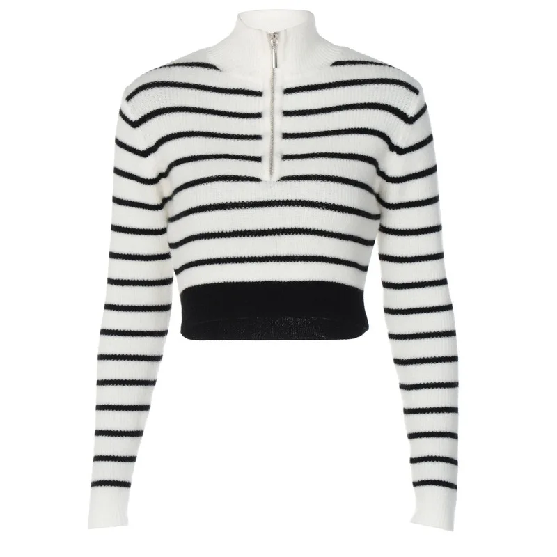 Women Knitted Sweaters Striped Jumper Fall Winter 2023 Long Sleeve Pullover Casual Half Zipper Turn Down Collar Knit Streetwear