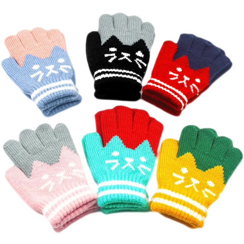 Winter Warm Kitten Student Finger Imitation Cashmere Knitted Gloves Love Cartoon Gloves Children'S Gloves