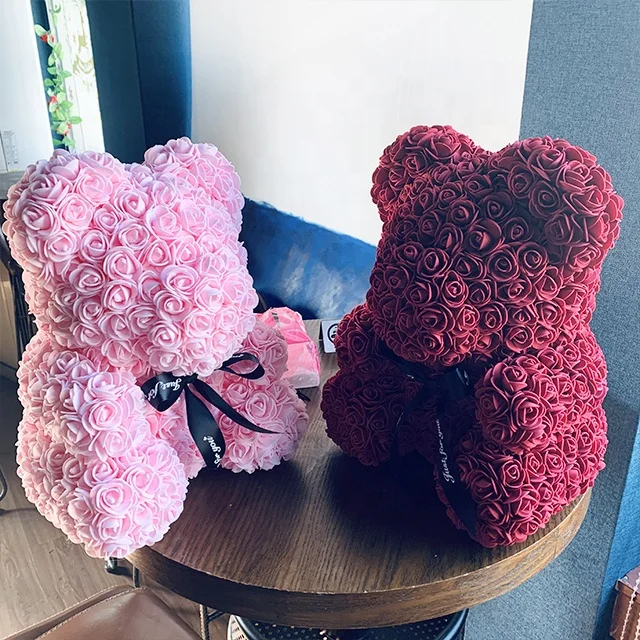 
Ammy 40cm Artificial Handmade foam flower rose bear with PVC clear box Valentine gift PE Customized teddy rose bear 