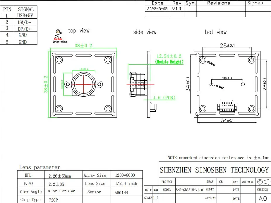 Fixed Focus 1MP  Image Global Shutter AR0144 USB Camera Module