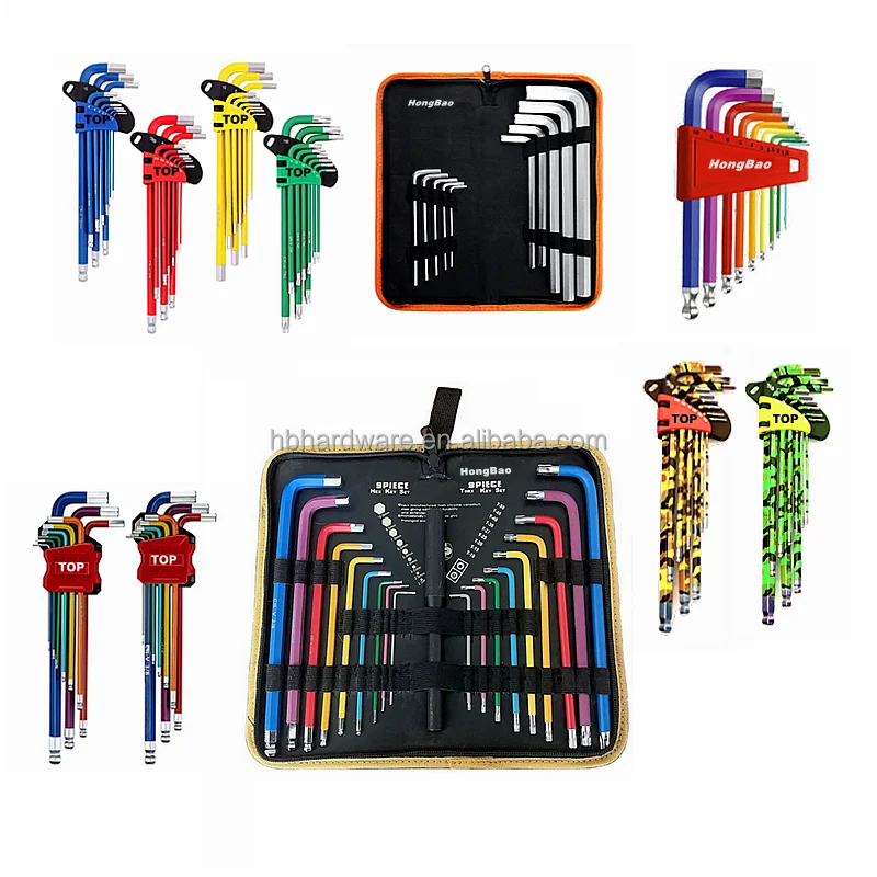 Colorful Rainbow 9pcs Ball Point SAE Metric Star Flat head End Allen Wrench hex key set spanner mini Folding 9 piece hex key Set