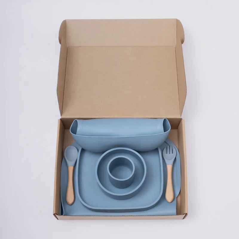 Eco Friendly OEM Light Blue 4Pcs 4-Piece Food Grade Toddler Accessories Tableware Silicone Baby Feeding Set With Custom Logo