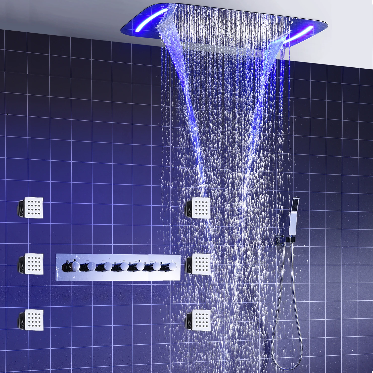 6 FUNCTIONS LED SHOWER FAUCETS SET RAIN WATERFALL MIST HIGH FLOW THERMOSTATIC MIXING VALVE BODY JETS MASSAGE 2 INCH