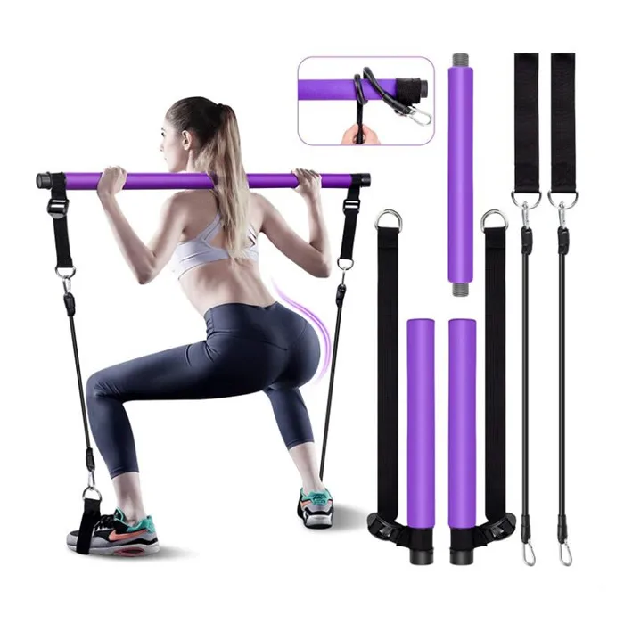 Pilates Bar Kit for Portable Home Gym Workout - 2 Latex Exercise Resistance Band - 3-Section Sticks - All-in-one Strength Weight