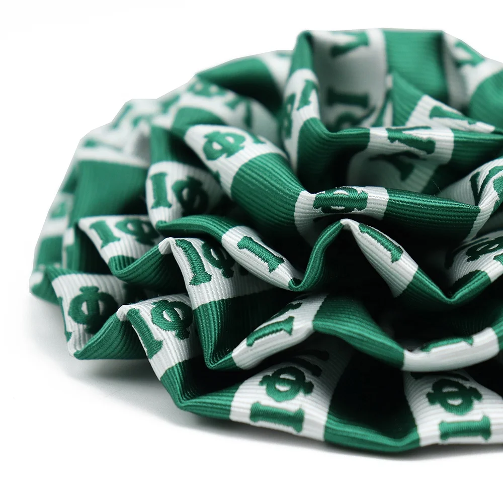 Hot Selling Custom Iota Phi Lambda Logo Woven Jacquard Women Brooch Cheap Polyester White Green Stripe Flower Sorority Lapel Pin