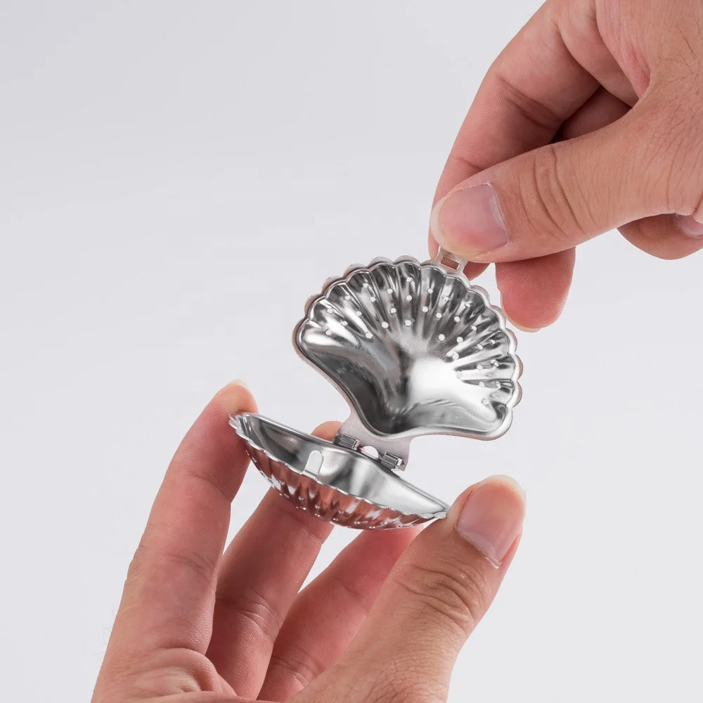 Wholesale Seashell Shape Stainless Steel Tea Strainer Tea Infuser with Chain Hook and Drip Tray