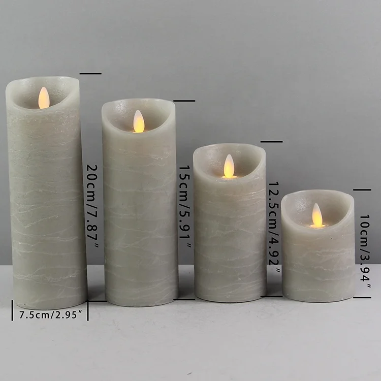Set of 4 Grey Real Wax Distressed Finish Moving Wick LED Candles with Timer Religious