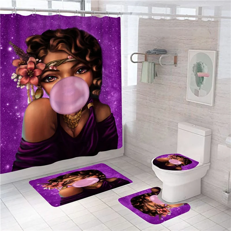 Black girl with explosive head Shower Curtain Set 4pcs Bathroom Curtains with Bath Mats Rugs Carpets