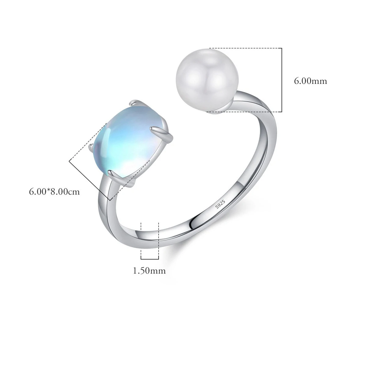 S925 sterling silver French style Shijia crystal pearl ring, female actress elegant moonlight stone adjustable ring
