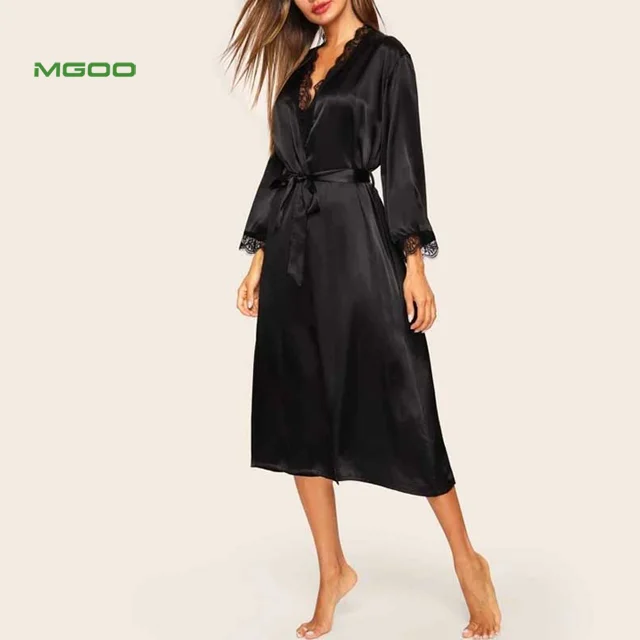 
MGOO Eyelash Lace Self Belted Satin Robe Women Solid Color Black Elegant Robe Plain Style Nightwear 