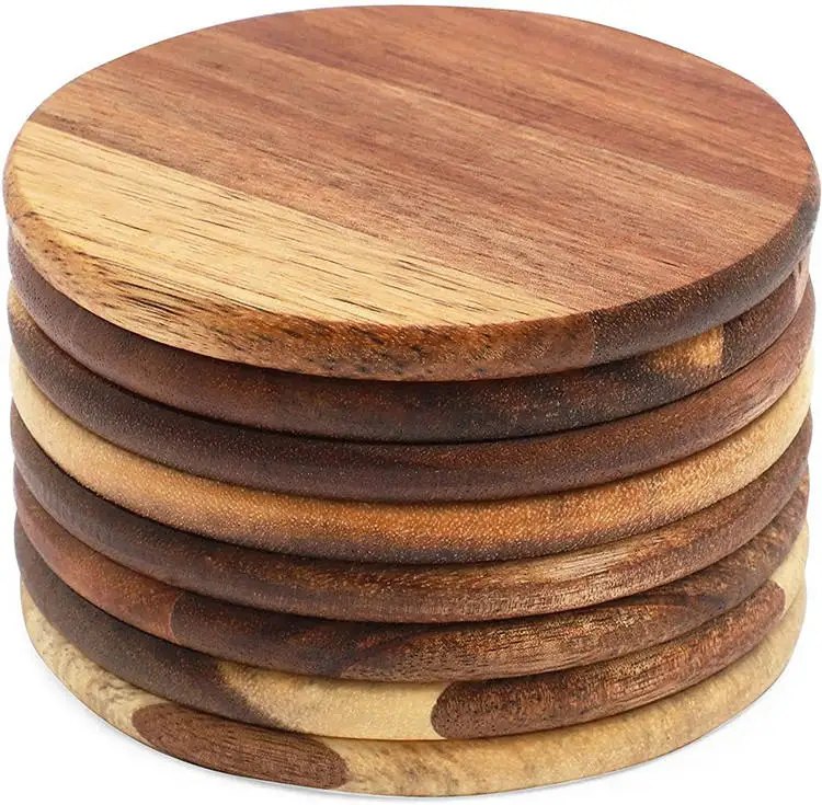 Custom Shape Square Round Acacia Blank Wooden Coasters Drink Bamboo Coaster Set for Coffee Table, Glasses, Tabletop