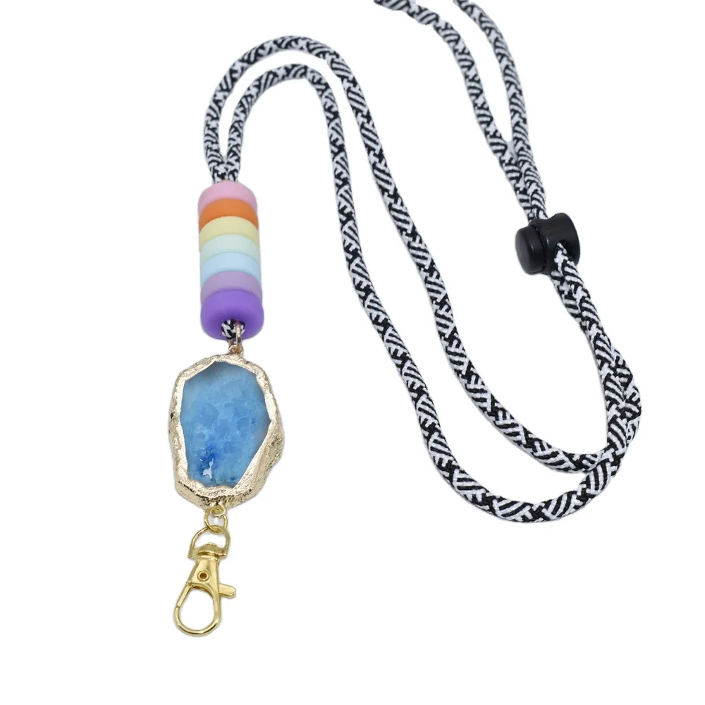 Rainbow silicone beads spacers blue druzy stone ID badge NECKLACE Teacher lanyard keychain