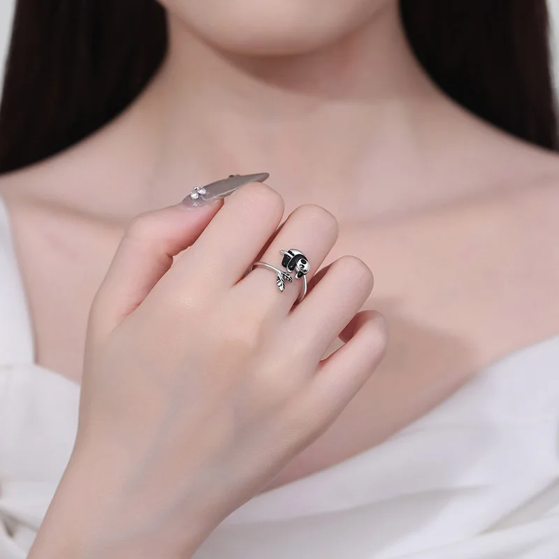 Platinum Plated Open Adjustable Ring for Women Daily Waer Index Finger Ring Cute Panda Design Enamel Rings